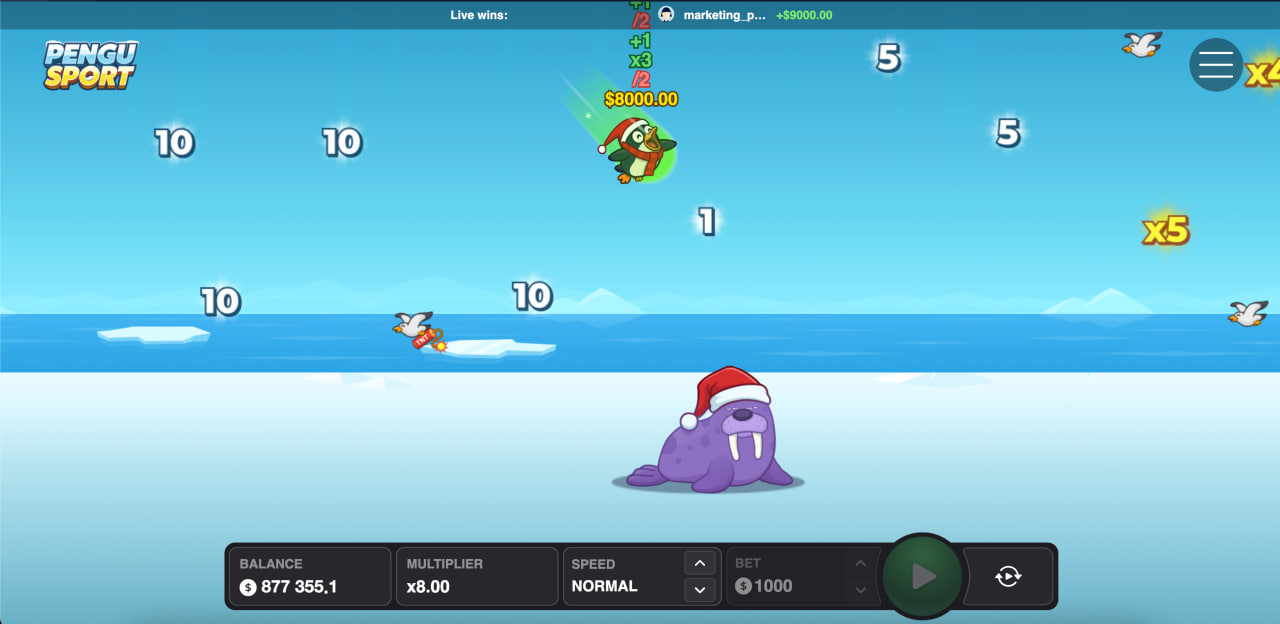 Pengu Sport game interface - penguin flying